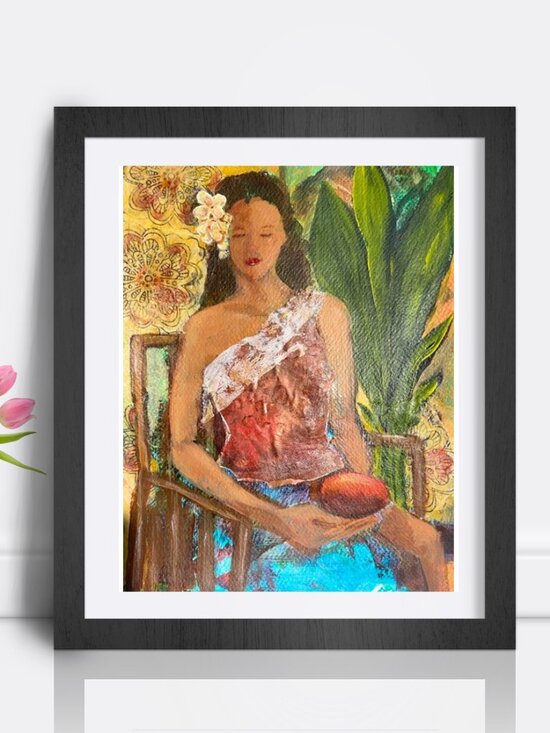 Hand Crafted Other - Hand-Painted Tropical Woman Mixed Media  Acrylic  Art– Red, Green, Blue
